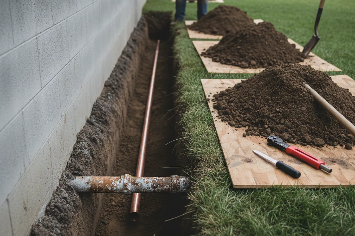 Excavated water line trench during Sewer Line Repair in Mount Olive